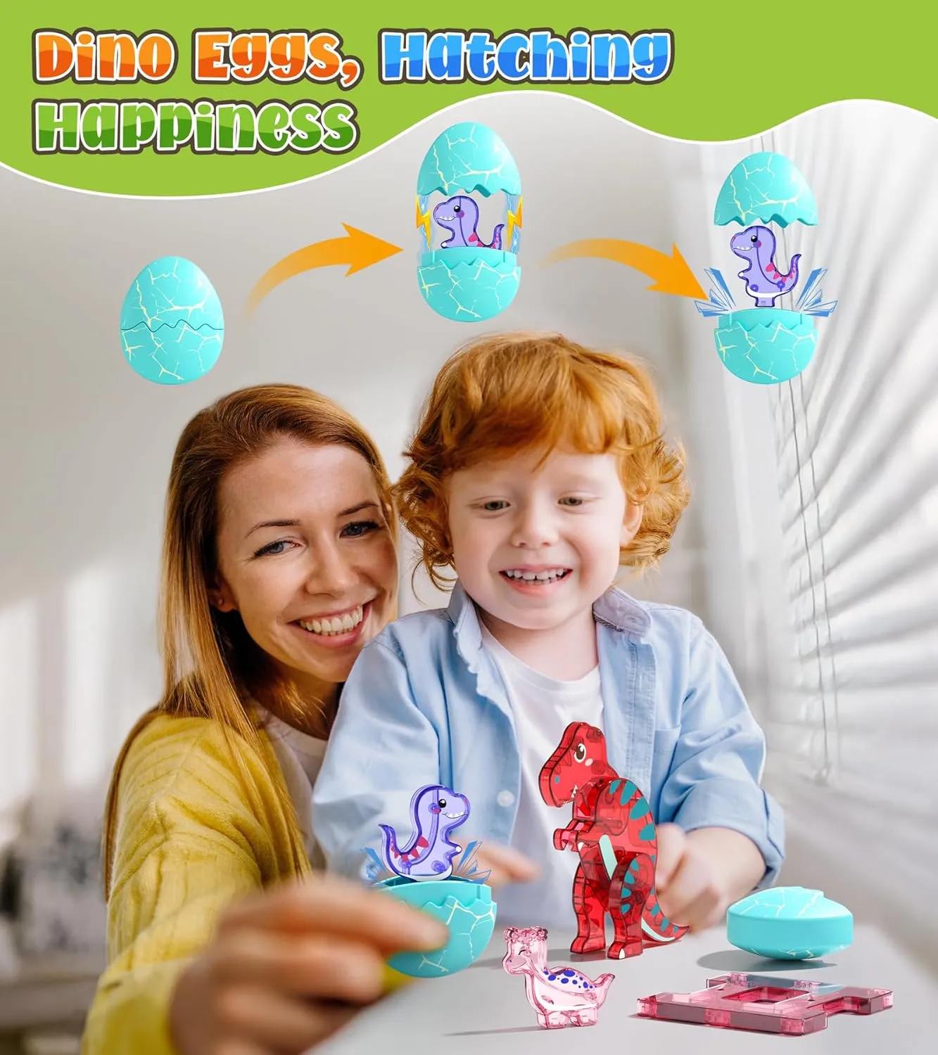 Dinosaur Toys Magnetic Tiles Set - 2 Eggs, 2 Baby Dinos & 5 Large Dinosaurs for Kids 3-5, 105pcs Magnetic Building Blocks for Toddlers 1-3 4-8，Magnet Tiles Educational Toy for Boys Girls