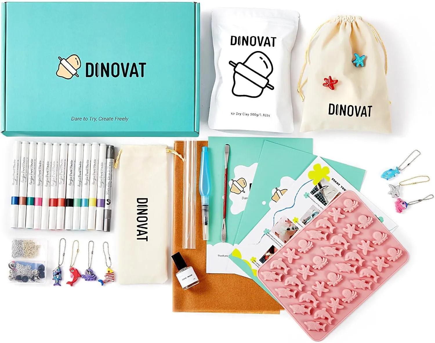 DINOVAT Air Dry Clay Pottery Kit for Adults - DIY Craft Kit Includes:500gClay, 13 Acrylic Paint Pens,Clay Mold,GlossVarnish,Tools & Step-by-Step – Perfect for Pendants, Brooches