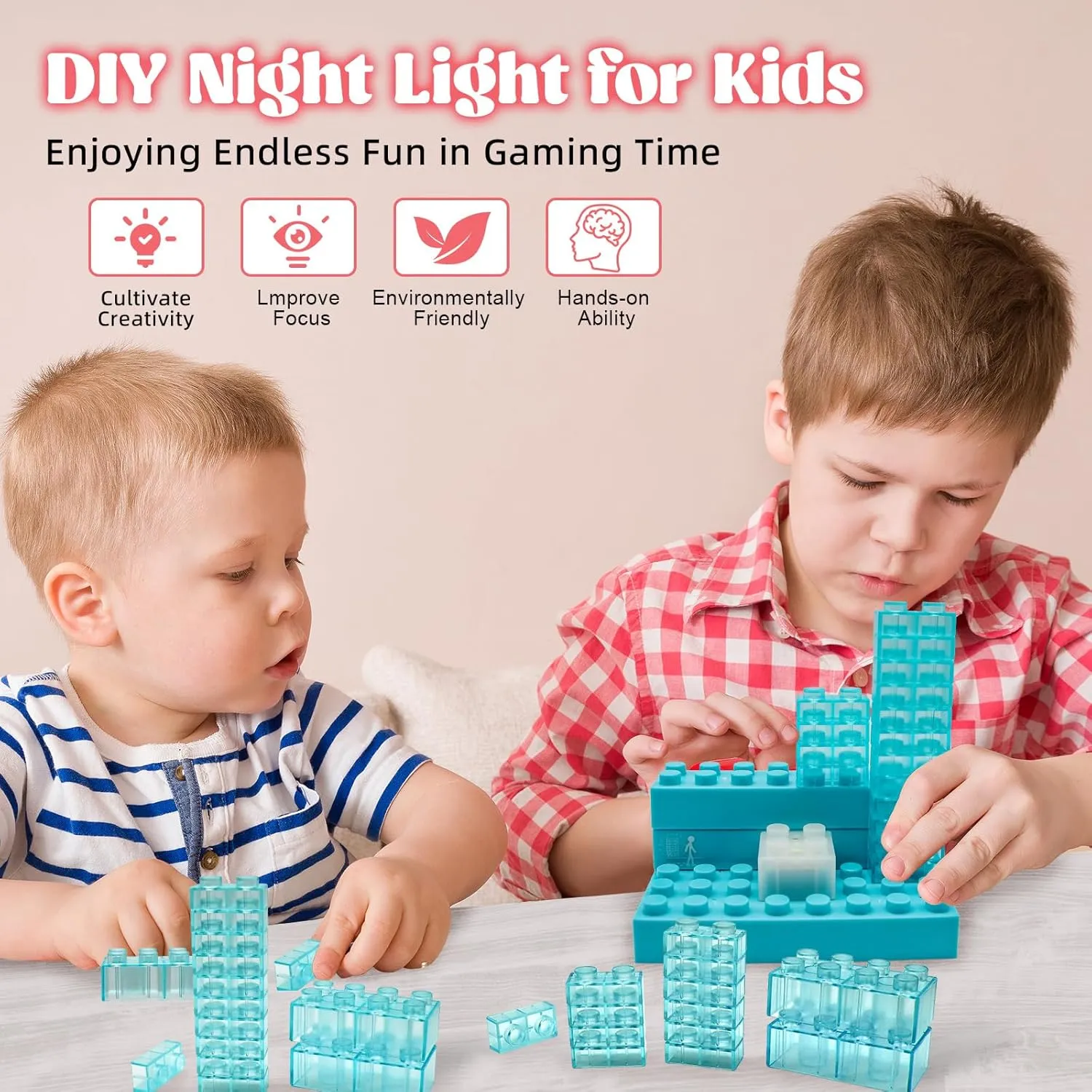 DIY Building Blocks Desk Lamp,Touch Desk Light 3 Brightness, Creative Play Set Blocks Classic Toy, Bedside Lamp for Kids Teens Bedroom (Blue)