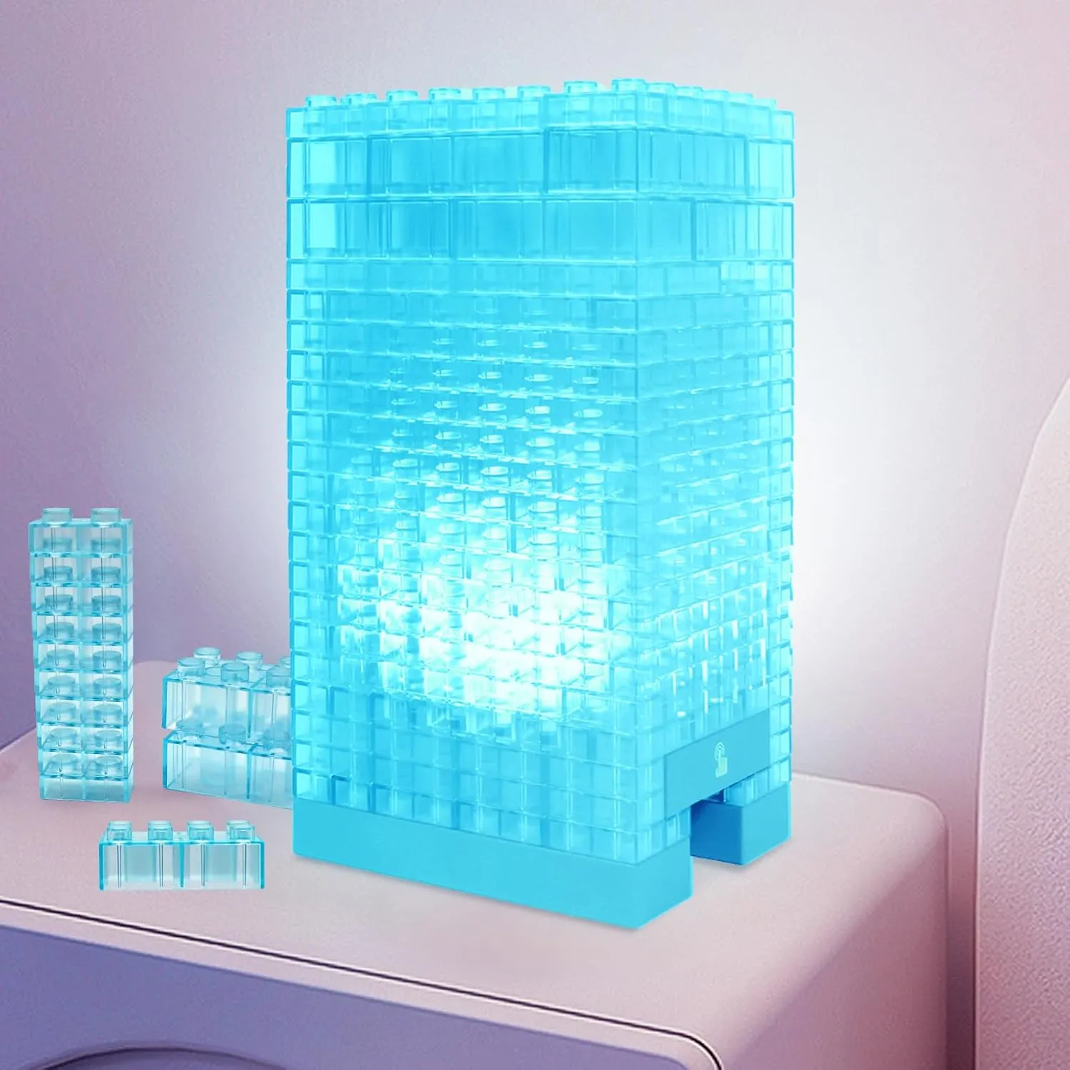 DIY Building Blocks Desk Lamp,Touch Desk Light 3 Brightness, Creative Play Set Blocks Classic Toy, Bedside Lamp for Kids Teens Bedroom (Blue)