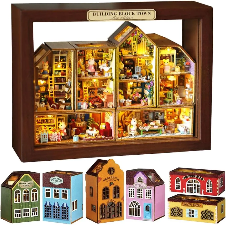 DIY House Craft Kits, Cute Rabbit Doll Houses Miniature Building Kits with Furniture Dollhouse for Birthday Gifts DIY House Kit Creative Room Miniature (Small Town 6 Piece Set)