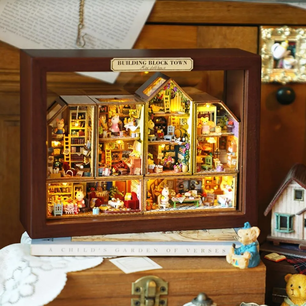 DIY House Craft Kits, Cute Rabbit Doll Houses Miniature Building Kits with Furniture Dollhouse for Birthday Gifts DIY House Kit Creative Room Miniature (Small Town 6 Piece Set)