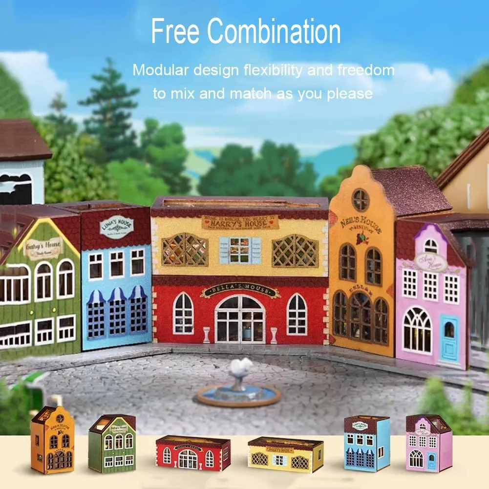 DIY House Craft Kits, Cute Rabbit Doll Houses Miniature Building Kits with Furniture Dollhouse for Birthday Gifts DIY House Kit Creative Room Miniature (Small Town 6 Piece Set)