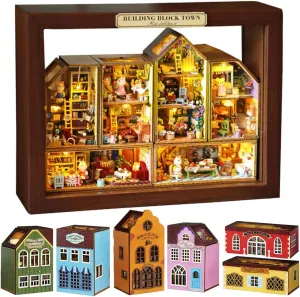 DIY House Craft Kits, Cute Rabbit Doll Houses Miniature Building Kits with Furniture Dollhouse for Birthday Gifts DIY House Kit Creative Room Miniature (Small Town 6 Piece Set)