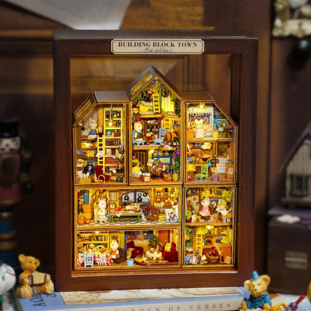 DIY House Craft Kits, Cute Rabbit Doll Houses Miniature Building Kits with Furniture Dollhouse for Birthday Gifts DIY House Kit Creative Room Miniature (Small Town 6 Piece Set)