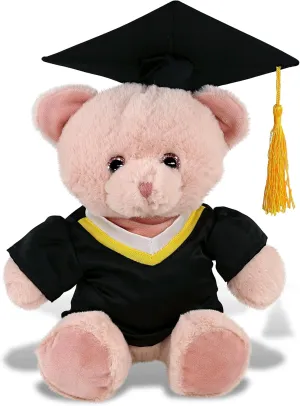 DolliBu Baby Pink Bear Graduation Plush Toy - Soft Huggable Graduation Stuffed Animal Dress Up Gown and Cap with Tassel Outfit with Personalization - 8 Inches