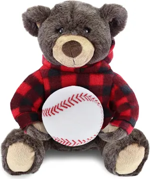 DolliBu Brown Bear with Baseball Plush with Red Plaid Hoodie – Soft Huggable Grizzly Bear, Teddy Bear Plush Toy, Baseball Plush Stuffed Animal Toy for Kids and Adults - 10 Inch