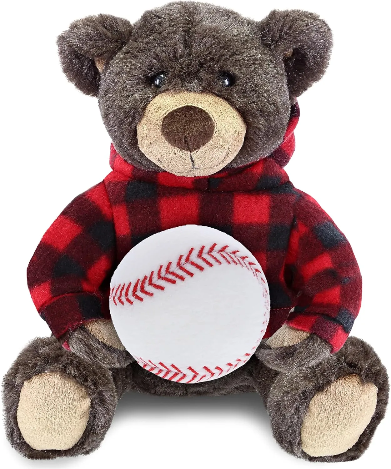 DolliBu Brown Bear with Baseball Plush with Red Plaid Hoodie – Soft Huggable Grizzly Bear, Teddy Bear Plush Toy, Baseball Plush Stuffed Animal Toy for Kids and Adults - 10 Inch