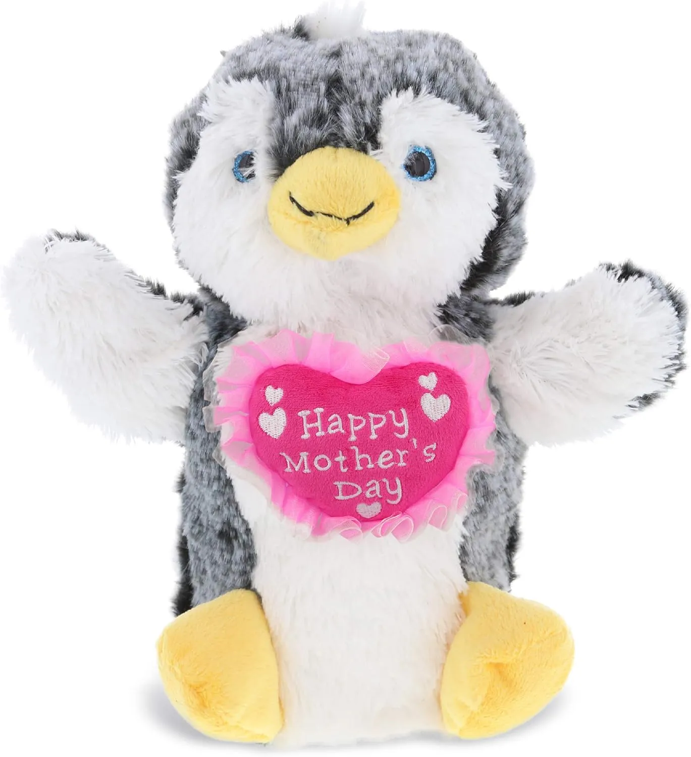 DolliBu Happy Mother's Day Penguin Plush Hand Puppet - Cute Stuffed Animal Present with Pink Heart Message for Best Mommy, Grandma, Wife, Daughter - Cute Sea Life Plush Puppet Toy Gift - 9" Inches