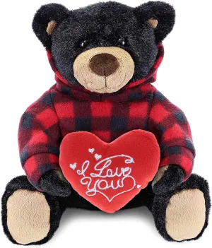 DolliBu I Love You Valentine Plush Black Bear with Red Plaid Hoodie - Stuffed Animal with Red Heart and Name Personalization Gift for Valentines Day, Anniversary - 10 Inches