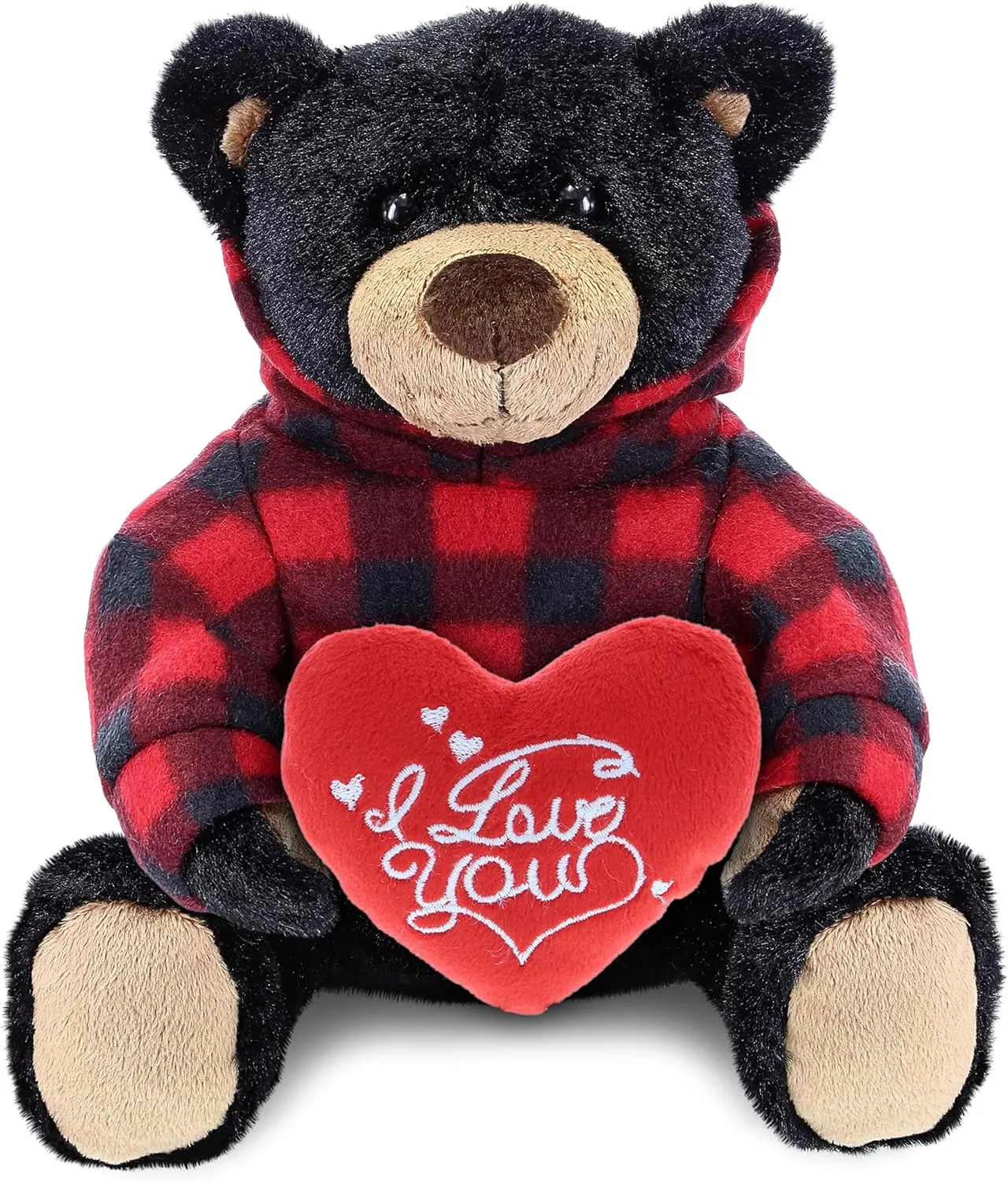 DolliBu I Love You Valentine Plush Black Bear with Red Plaid Hoodie - Stuffed Animal with Red Heart and Name Personalization Gift for Valentines Day, Anniversary - 10 Inches