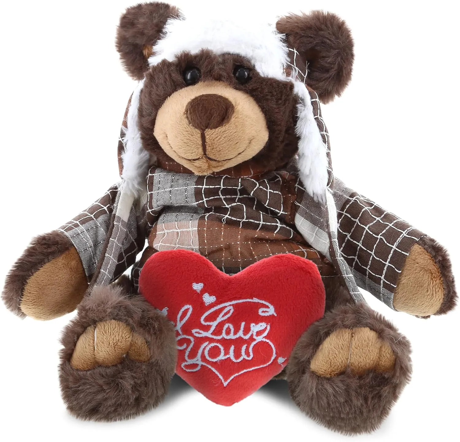 DolliBu I Love You Valentine Plush Brown Bear with Clothes - Cute Stuffed Animal with Red Heart and Name Personalization Gift for Valentines Day, Birthday, Anniversary, Romantic Date - 11 Inches