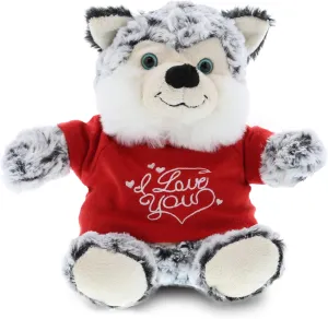 DolliBu I Love You Valentine Plush Sitting Husky Dog - Cute Stuffed Animal with Red Shirt and Name Personalization Gift for Valentines Day, Birthday, Anniversary - 9 Inches