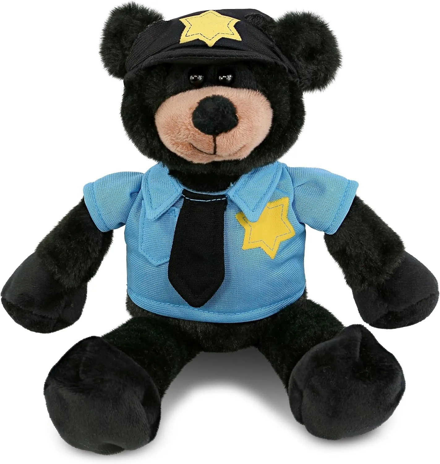 DolliBu Long Leg Black Bear Stuffed Animal - Soft Black Bear Stuffed Bear Plush Toy Police Dress Up with Police Uniform and Cap Outfit, Fluffy Teddy Bear Police Toy with Personalization - 10.5 Inches