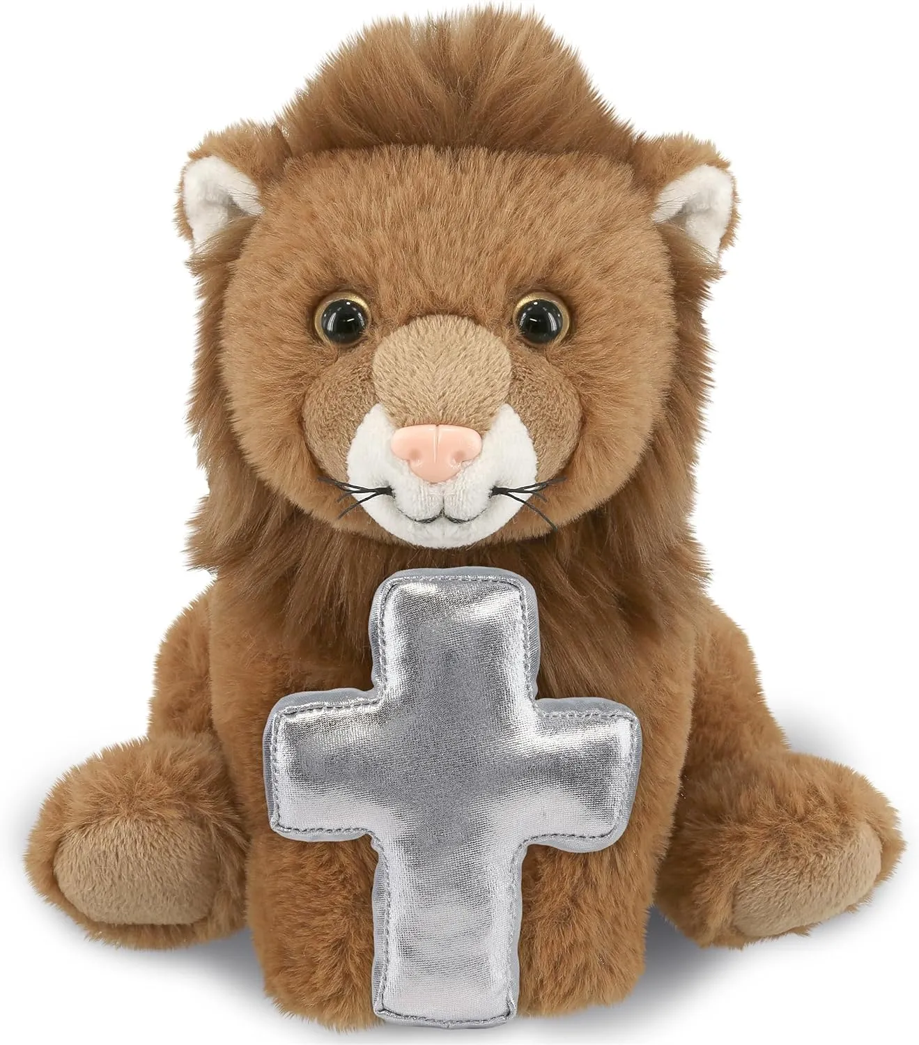 DolliBu Squat Lion Stuffed Animal with Silver Cross Plush - Religious Baptism Gifts for Boys and Girls, Cute Dedication Christening Gifts Plush Prayer Toy Healing Teddy Bear - 8 Inches