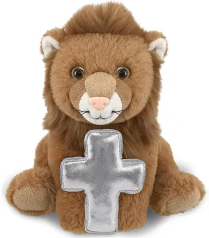 DolliBu Squat Lion Stuffed Animal with Silver Cross Plush - Religious Baptism Gifts for Boys and Girls, Cute Dedication Christening Gifts Plush Prayer Toy Healing Teddy Bear - 8 Inches