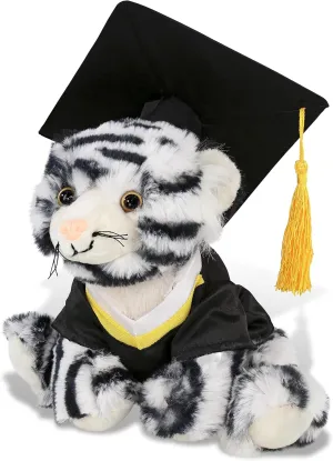 DolliBu Squat White Tiger Graduation Plush Toy - Soft Tiger Plush Graduation Stuffed Animal Dress Up with Gown & Cap with Tassel Outfit - Gift with Personalization - 8 Inches