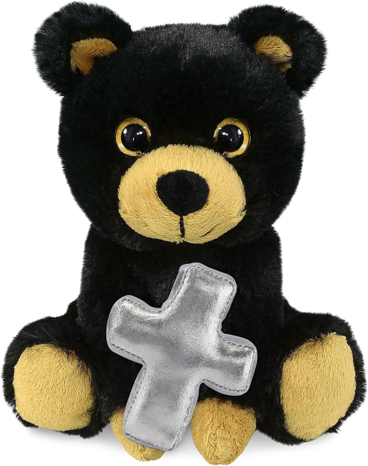 DolliBu Super Soft Big Eye Black Bear Stuffed Animal with Silver Cross and Personalization - Religious Baptism Gifts for Boys and Girls, Dedication Christening Gifts Plush Prayer Toy Teddy - 6 Inches