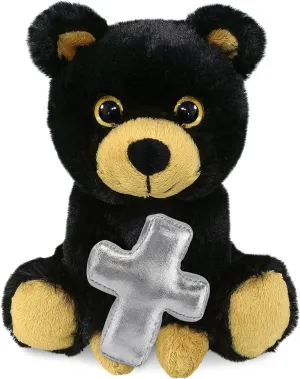 DolliBu Super Soft Big Eye Black Bear Stuffed Animal with Silver Cross and Personalization - Religious Baptism Gifts for Boys and Girls, Dedication Christening Gifts Plush Prayer Toy Teddy - 6 Inches