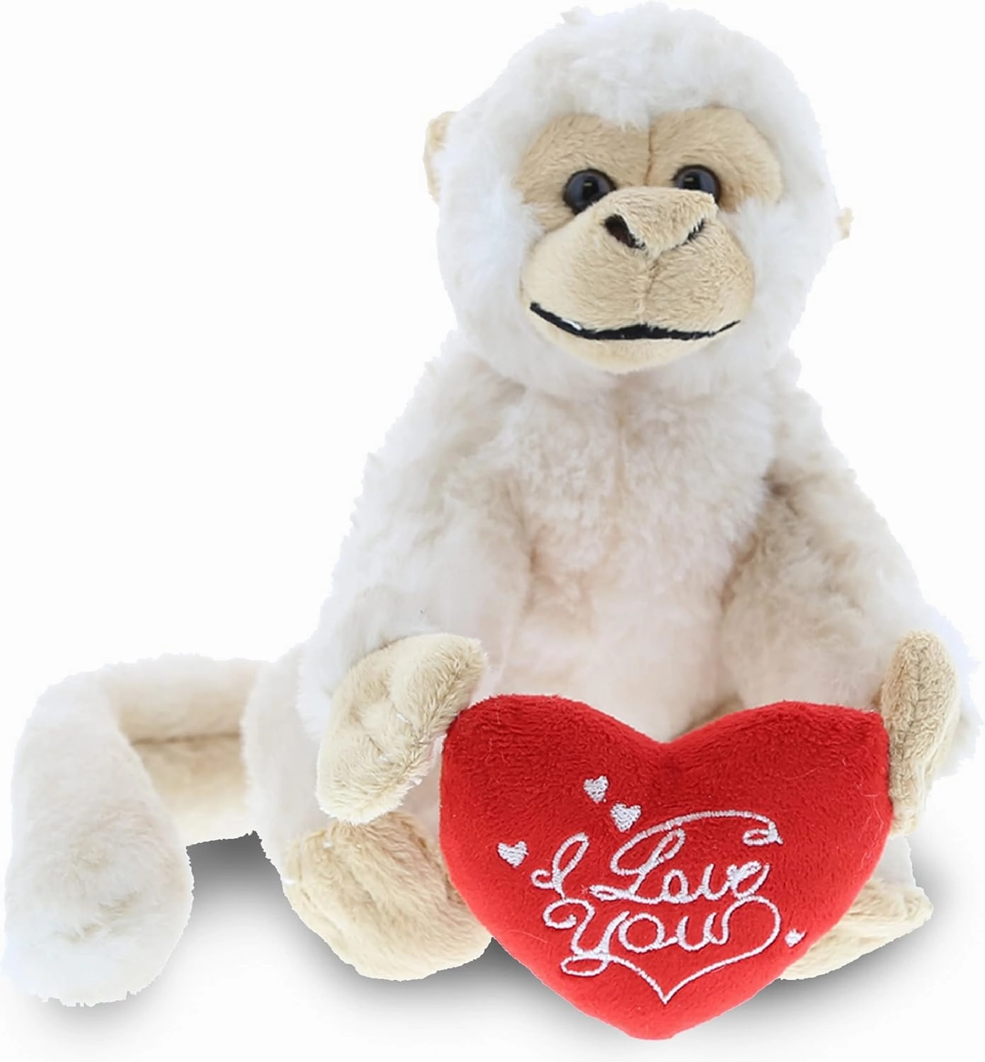 DolliBu I Love You Valentine Plush White Squirrel Monkey - Cute Stuffed Animal with Red Heart and Name Personalization Gift for Valentines Day, Birthday, Anniversary, Romantic Date - 12.5 Inches