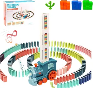 Domino Train Set - 200 Pcs, Domino Electric Train, Automatic Building and Stacking Domino Blocks, Unique Gift for Boys and Girls (Blue)