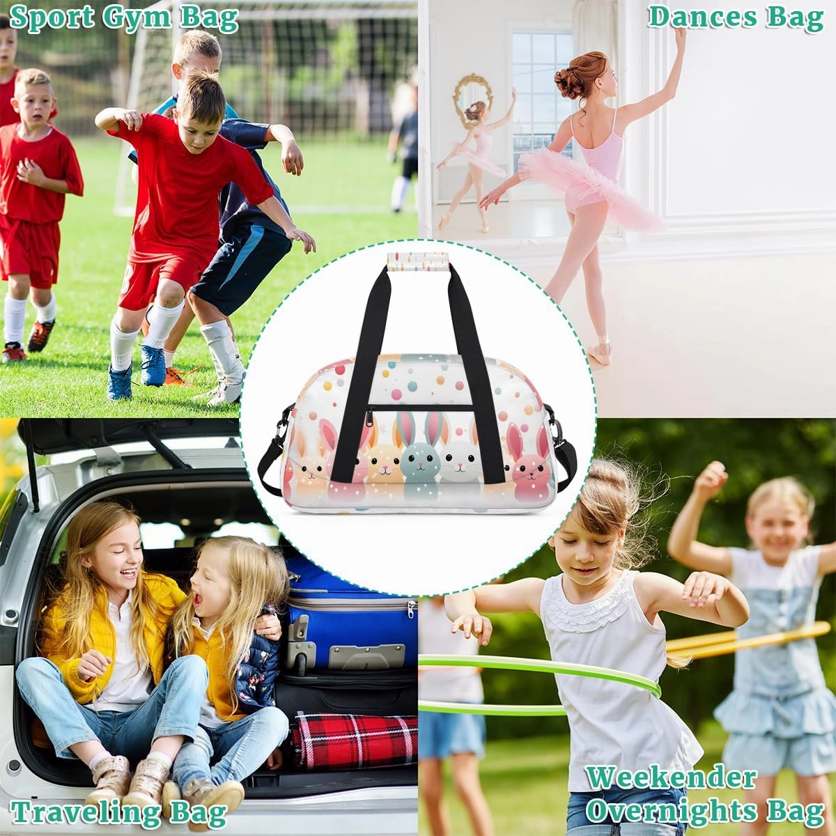 Doodle Bunny Kids Overnighter Duffel Bags for Boys, Carry-On Size Sports Gym Bag with Front Zipper Pocket for School Practice or Overnight Travel Weekender Sleepover Tote Bag