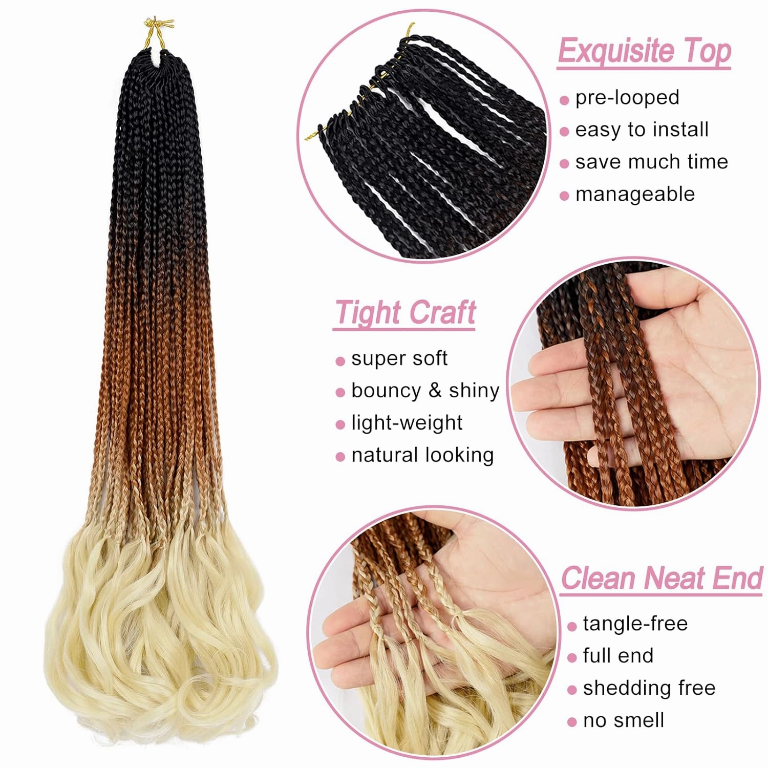 Dorsanee French Curl Crochet Braids 22 Inch 6 Packs Goddess Box Braids, Pre Looped, Curly Wavy Ends, Synthetic Hair Extensions (#1B/30/613)