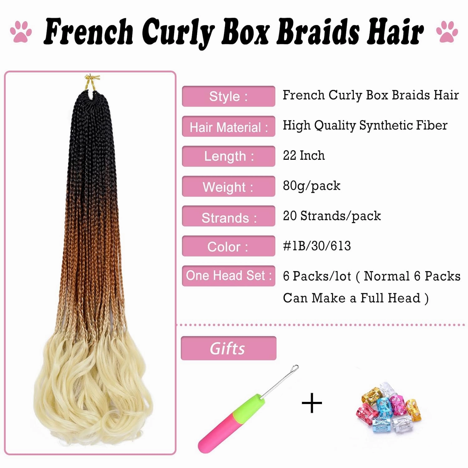 Dorsanee French Curl Crochet Braids 22 Inch 6 Packs Goddess Box Braids, Pre Looped, Curly Wavy Ends, Synthetic Hair Extensions (#1B/30/613)