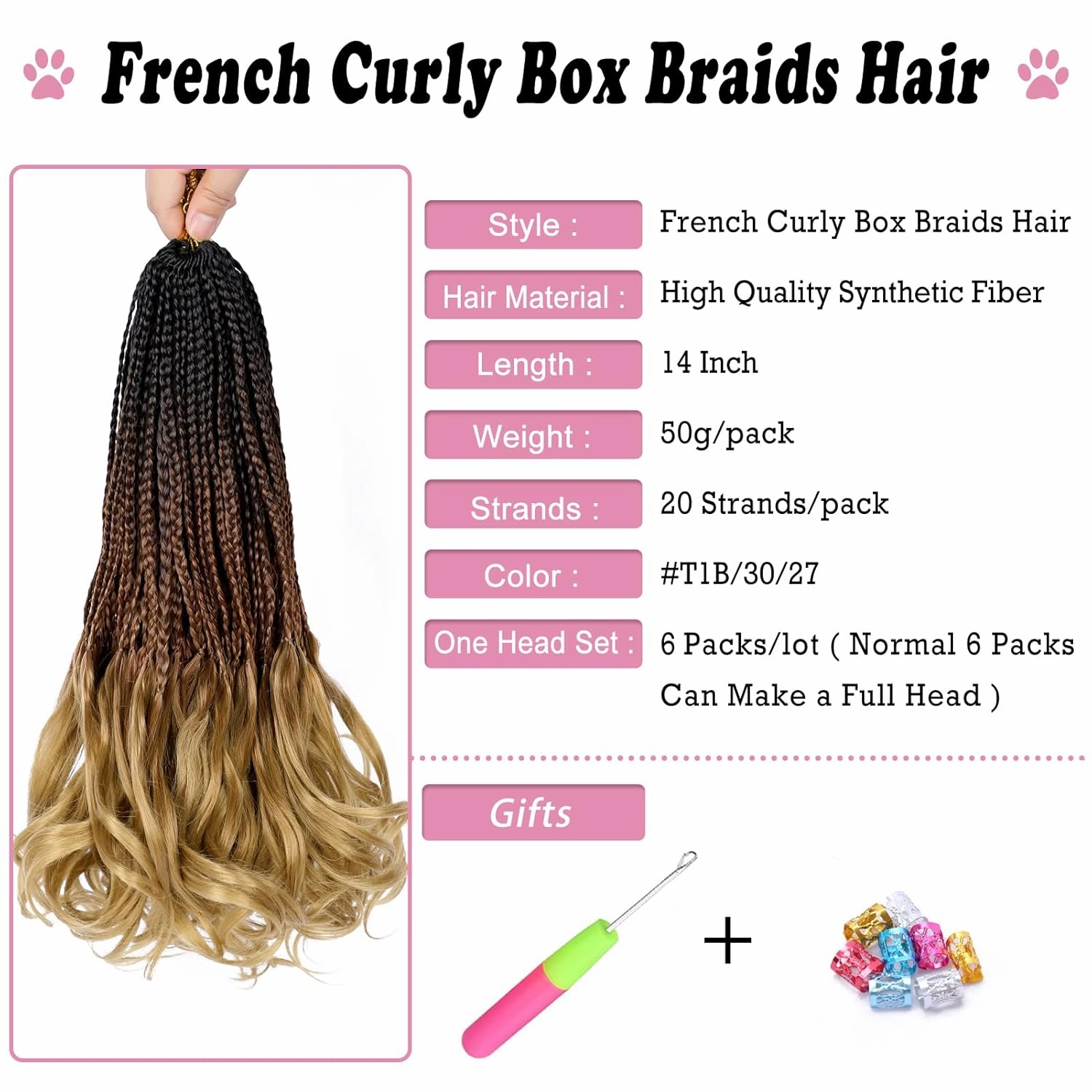 Dorsanee French Curl Crochet Braids Hair 14 Inch 6 Packs Goddess Box Braids, Curly Wavy Ends Braiding Hair (#1B/30/27)