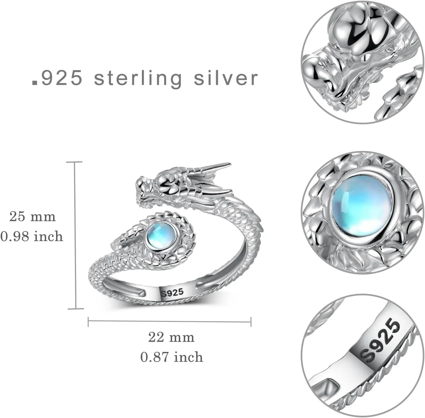 Dragon Ring 925 Sterling Silver Dragon Ring for Women Moonstone Dragon Ring Dragon Jewelry for Women