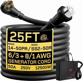dé 50Amp Generator Cord, 25FT 50 Amp RV Extension Cord with Twist Lock, 4 Prong 50A Generator/RV Cable for 50A Inlet Box, NEMA 14-50P to SS2-50R, Heavy Duty 6/3 8/1 AWG STW Wire - ETL Listed