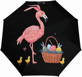 Easter Bunny Flamingo with Easter Basket Travel Umbrella for Sun and Rain Portable Folding Umbrellas Lightweight for Women Men