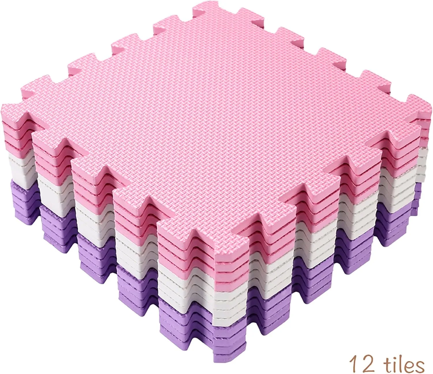 Easy Playhouse: 12 Soft Foam Floor Puzzle Tiles - Pink-Purple-White - 12" Interlocking Mat Pieces (4'x3'), Nursery, Playroom, Gym, Children & Adults