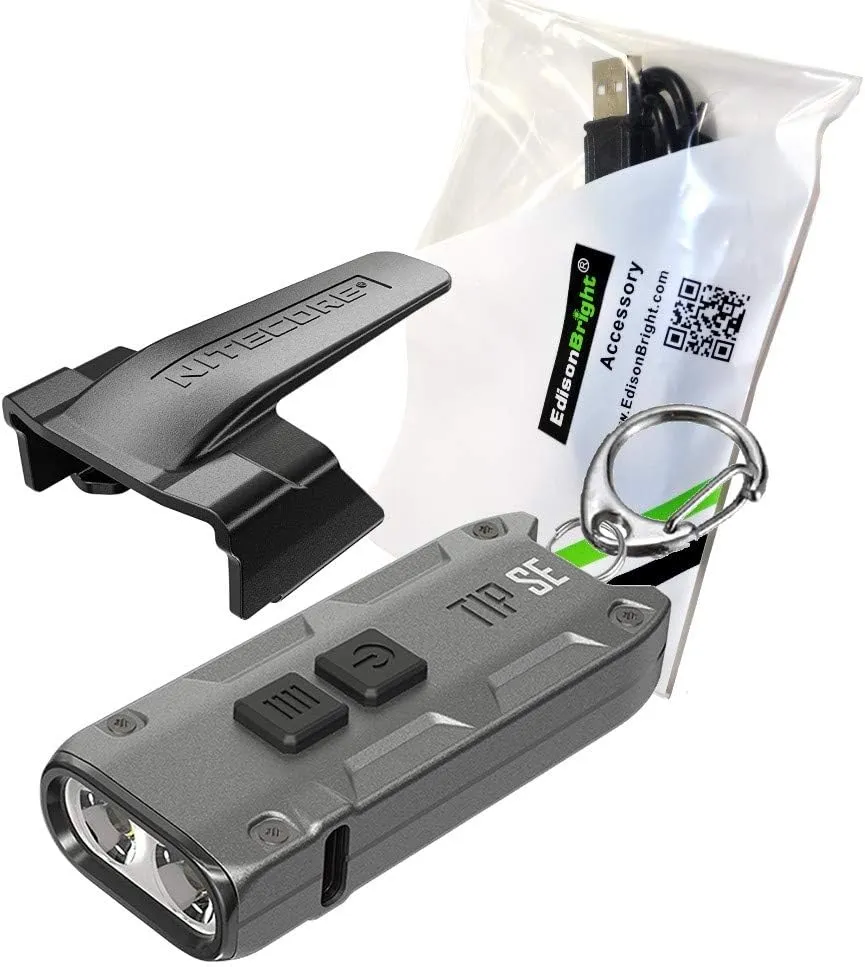 EdisonBright Nitecore TIP SE 700 Lumen USB-C Rechargeable Keychain Flashlight EDC Charging Cable Bundle (Grey)