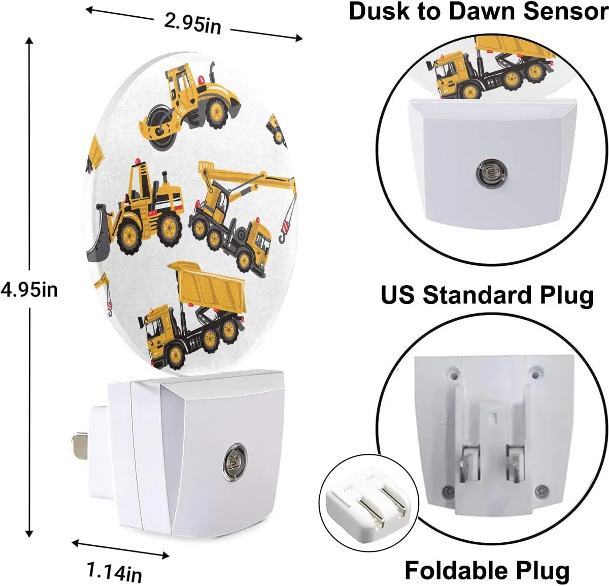 EKOBLA Yellow Cartoon Trucks Night Light Excavator Bulldozer Loader Building Machine Night Lights Plug into Wall for Teen Boys Bathroom Bedroom 0.5W Sleep Friendly