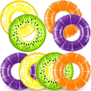 Elcoho 8 Pack Inflatable Pool Rings Set 29.5 Inch Swim Tubes Floats in Fruit Designs Orange Lemon Grape Kiwi for Big Beach Swimming Water Toys for Summer, Outdoor Party Supplies
