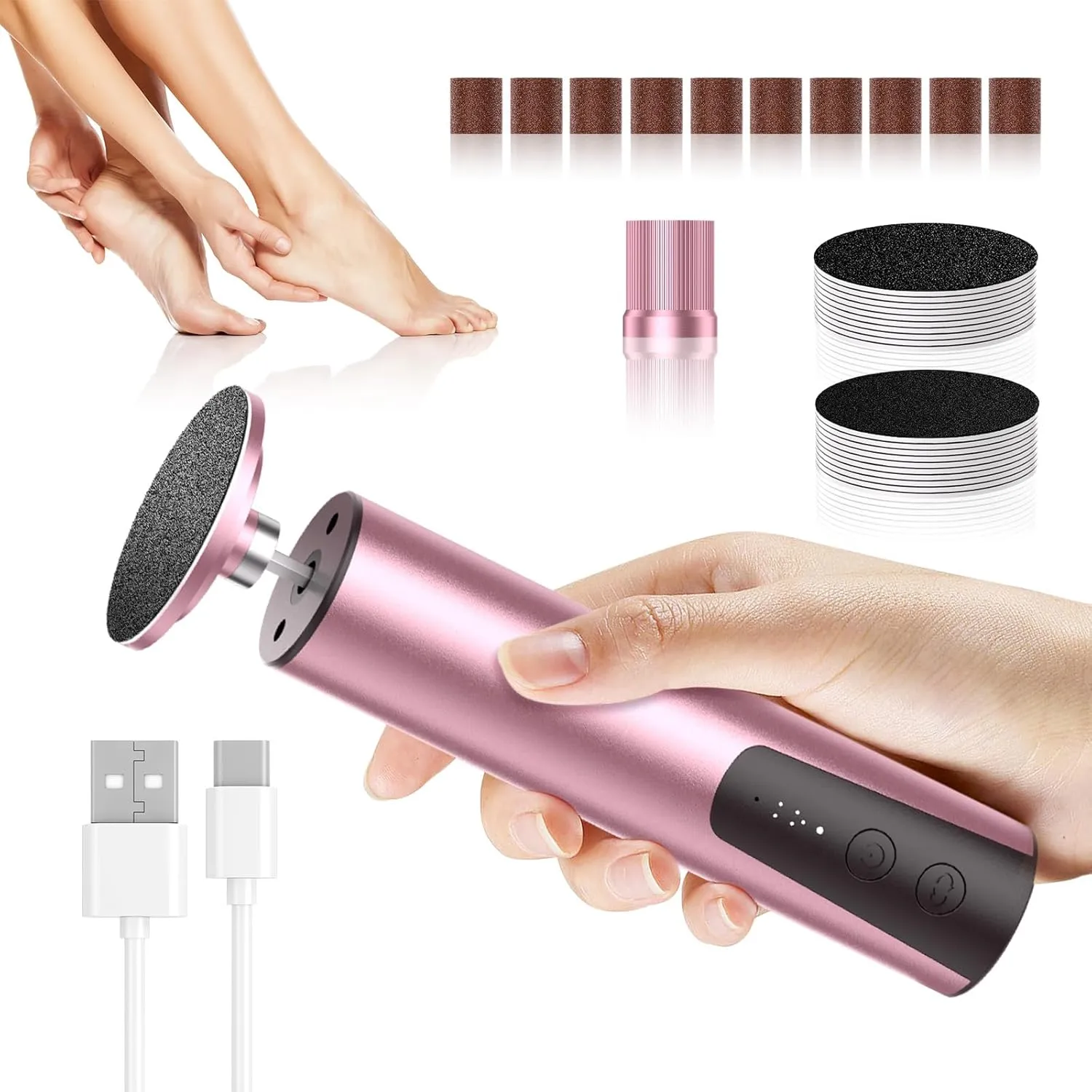 Electric Foot Callus Remover, 2-in-1 Rechargeable Professional Electric Foot File & Nail Grinder, 6 Adjustable Speeds, Foot Scrubber with Sandpaper Disc for Dead Skin & Calluses - Pink