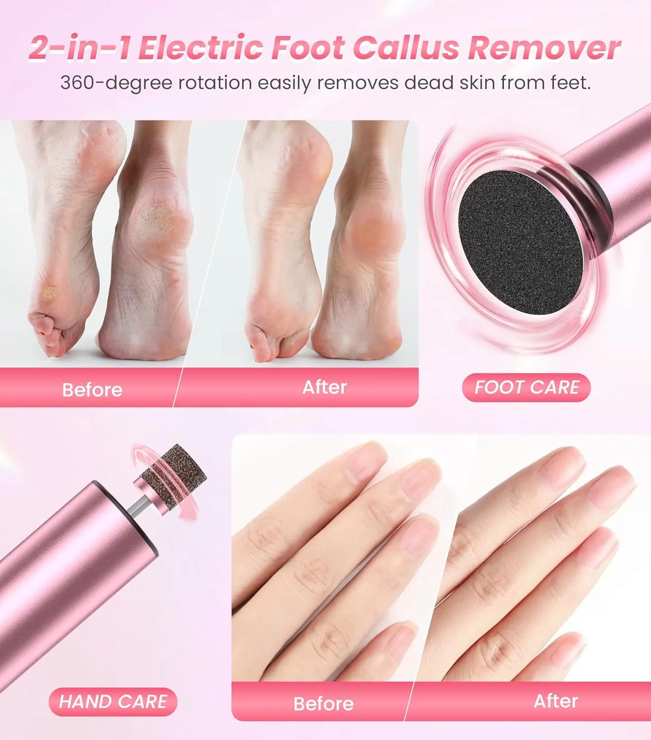 Electric Foot Callus Remover, 2-in-1 Rechargeable Professional Electric Foot File & Nail Grinder, 6 Adjustable Speeds, Foot Scrubber with Sandpaper Disc for Dead Skin & Calluses - Pink