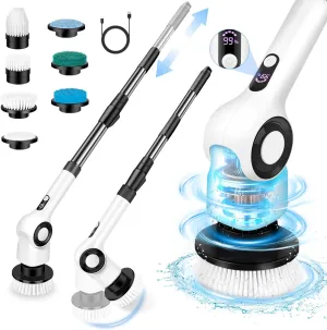 Electric Spin Scrubber, Cordless Shower Scrubber with 7 Scrub Brushes, 3 Speeds, Adjustable Extension Handle, IPX7 Waterproof Power Scrubber for Cleaning Bathroom Tub Tile Floor Grout- Bright White