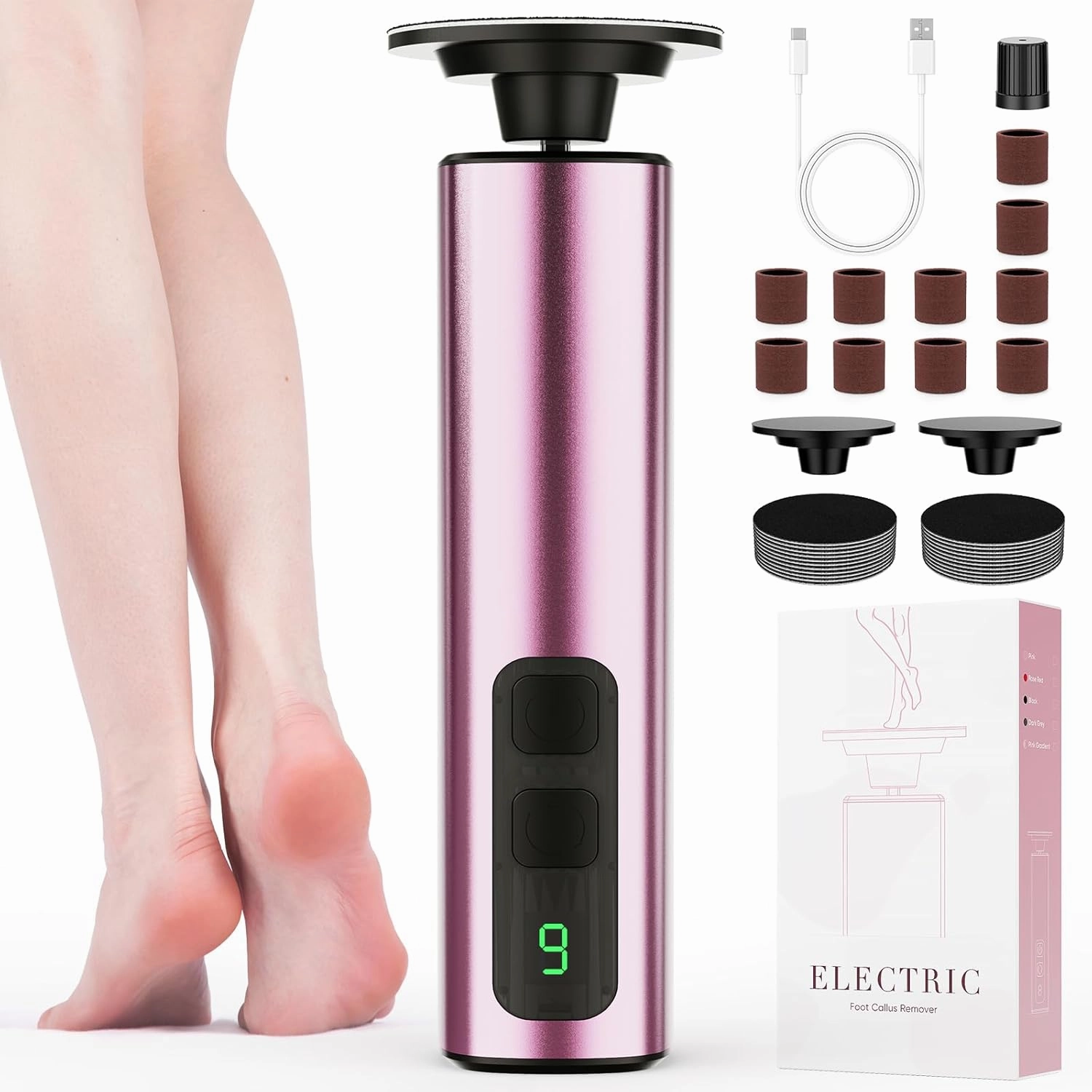 Electric Foot Callus Remover, 2in1 Rechargeable Foot File Callus Remover for Feet, 9 Speeds Foot Scrubber Dead Skin Pedicure Tools for Feet Heel Scraper for Cracked Heels with Sandpaper Discs