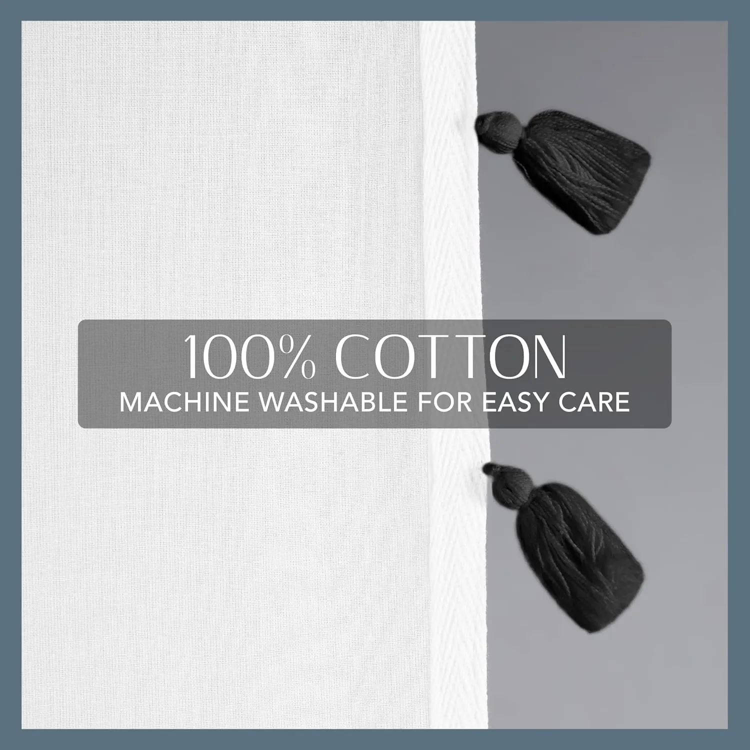 Elrene Home Fashions Bianca Boho Semi-Sheer White Cotton Rod-Pocket Window Curtain Panel with Colorful Side Tassels, 52 inches by 84 inches, Black