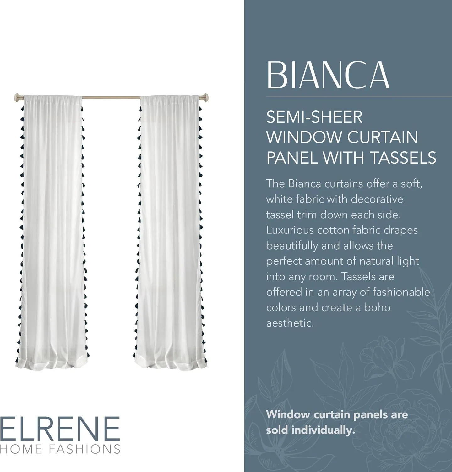 Elrene Home Fashions Bianca Boho Semi-Sheer White Cotton Rod-Pocket Window Curtain Panel with Colorful Side Tassels, 52 inches by 84 inches, Black