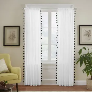 Elrene Home Fashions Bianca Boho Semi-Sheer White Cotton Rod-Pocket Window Curtain Panel with Colorful Side Tassels, 52 inches by 84 inches, Black