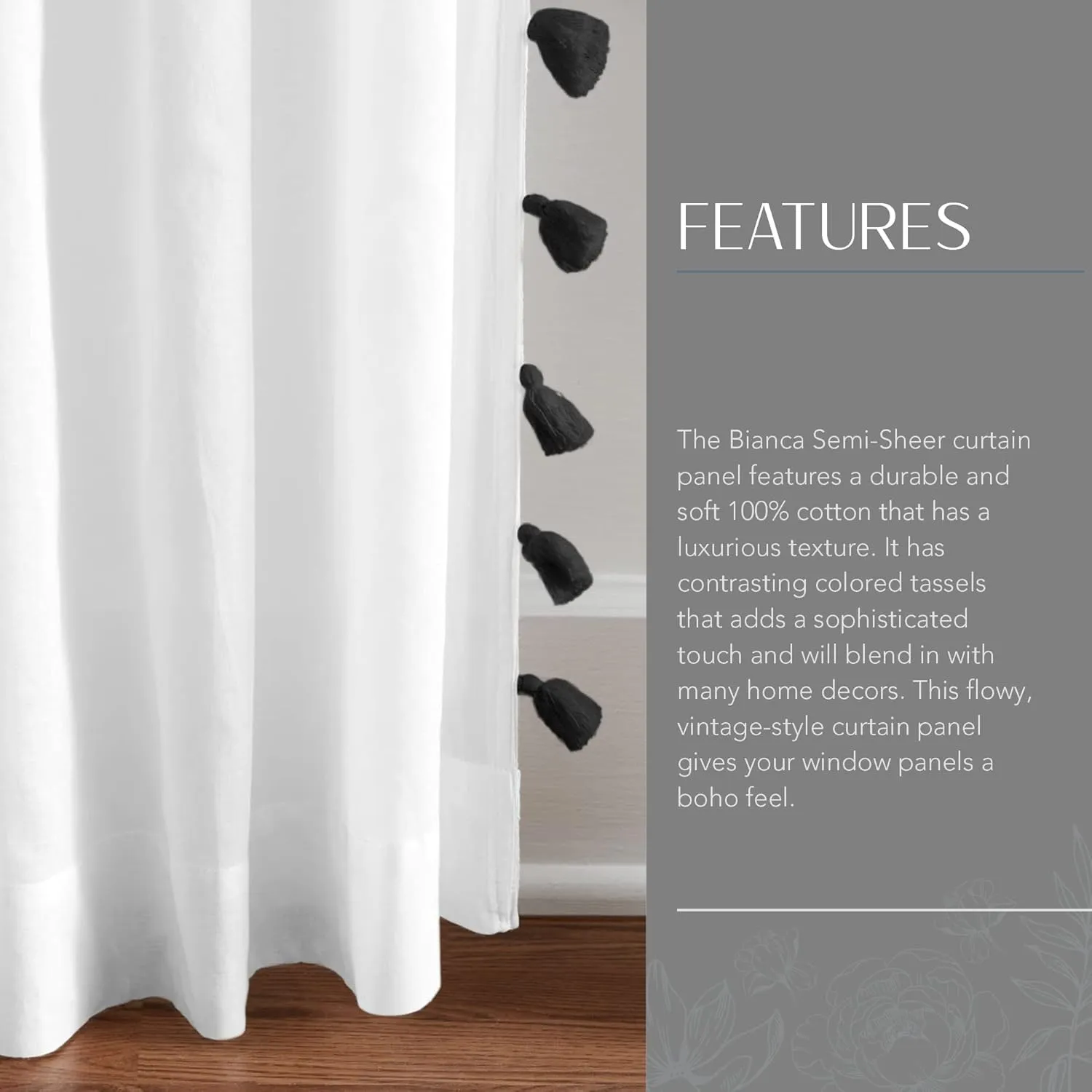 Elrene Home Fashions Bianca Boho Semi-Sheer White Cotton Rod-Pocket Window Curtain Panel with Colorful Side Tassels, 52 inches by 84 inches, Black