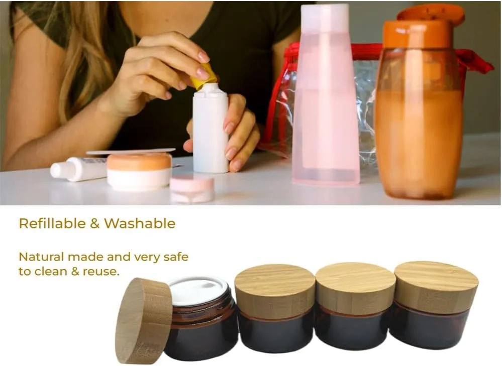 Empty Refillable Brown Glass Cosmetic Cream Jar 4 Pack 1.6 OZ/50g with Bamboo Lids,Skin Care Travel Containers Pot for Clay Masks,Butter,Body Scrub,Lip Balm, Ointments, Lotion
