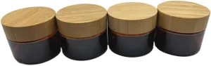 Empty Refillable Brown Glass Cosmetic Cream Jar 4 Pack 1.6 OZ/50g with Bamboo Lids,Skin Care Travel Containers Pot for Clay Masks,Butter,Body Scrub,Lip Balm, Ointments, Lotion