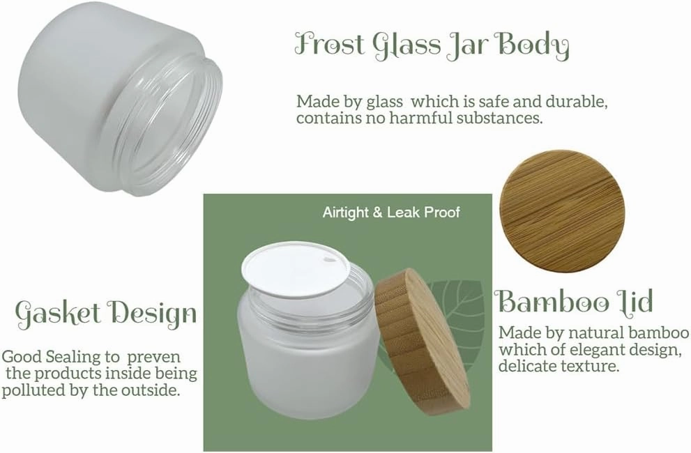 Empty Refillable Frosted Glass Cosmetic Cream Jar 4 Pack 6.7 OZ/200g with Bamboo Lids,Skin Care Travel Containers Pot for Clay Masks,Butter,Body Scrub,Lip Balm, Ointments, Lotion Frost