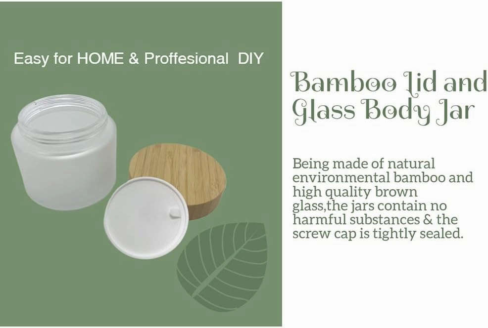 Empty Refillable Frosted Glass Cosmetic Cream Jar 4 Pack 6.7 OZ/200g with Bamboo Lids,Skin Care Travel Containers Pot for Clay Masks,Butter,Body Scrub,Lip Balm, Ointments, Lotion Frost