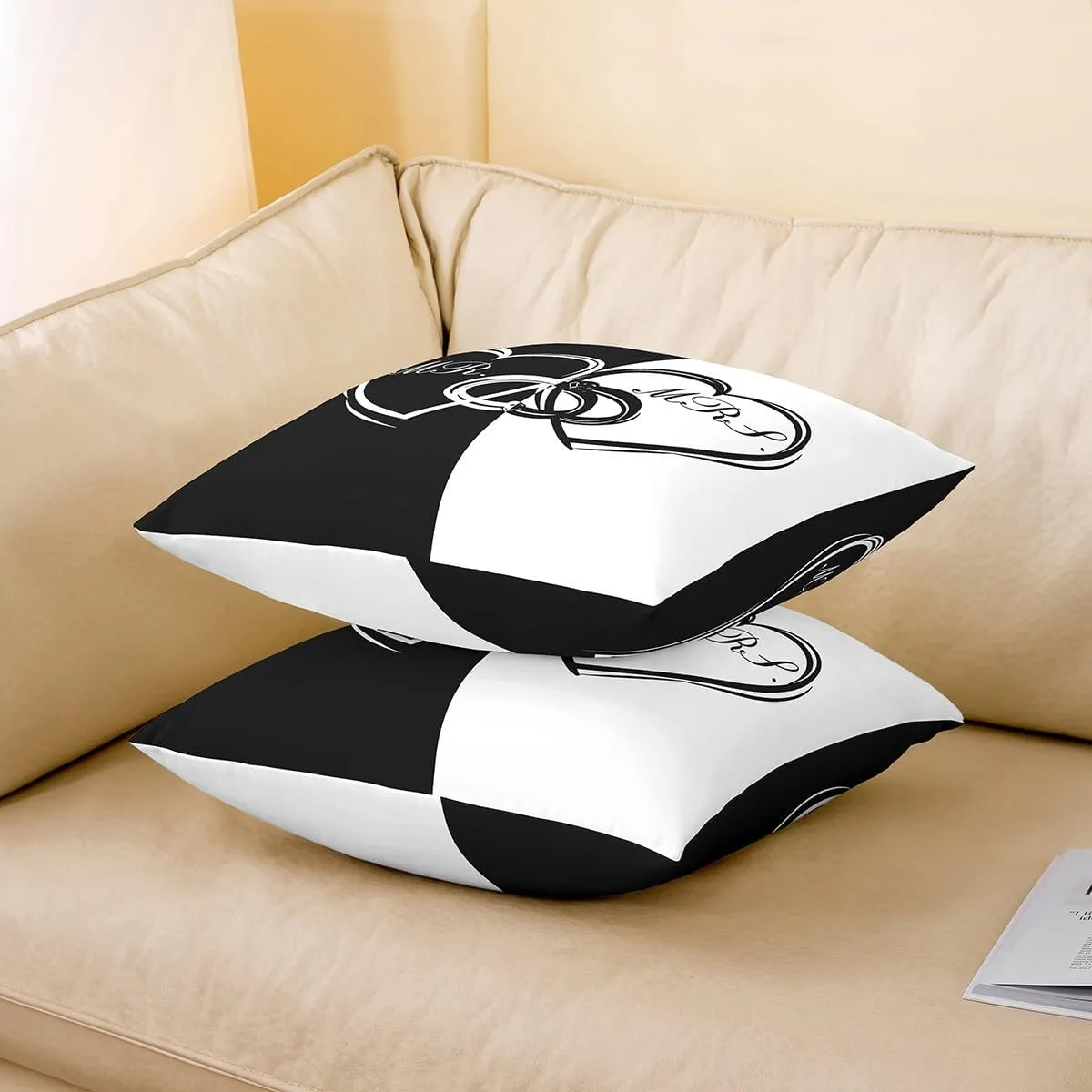 Erosebridal Valentine's Day Set of 4 Throw Pillow Covers 16x16 Inch, Black White Symmetry Pillow Covers, Heart Pattern Rings Cushion Covers, Romantic Interlocking Decorative Pillow Covers