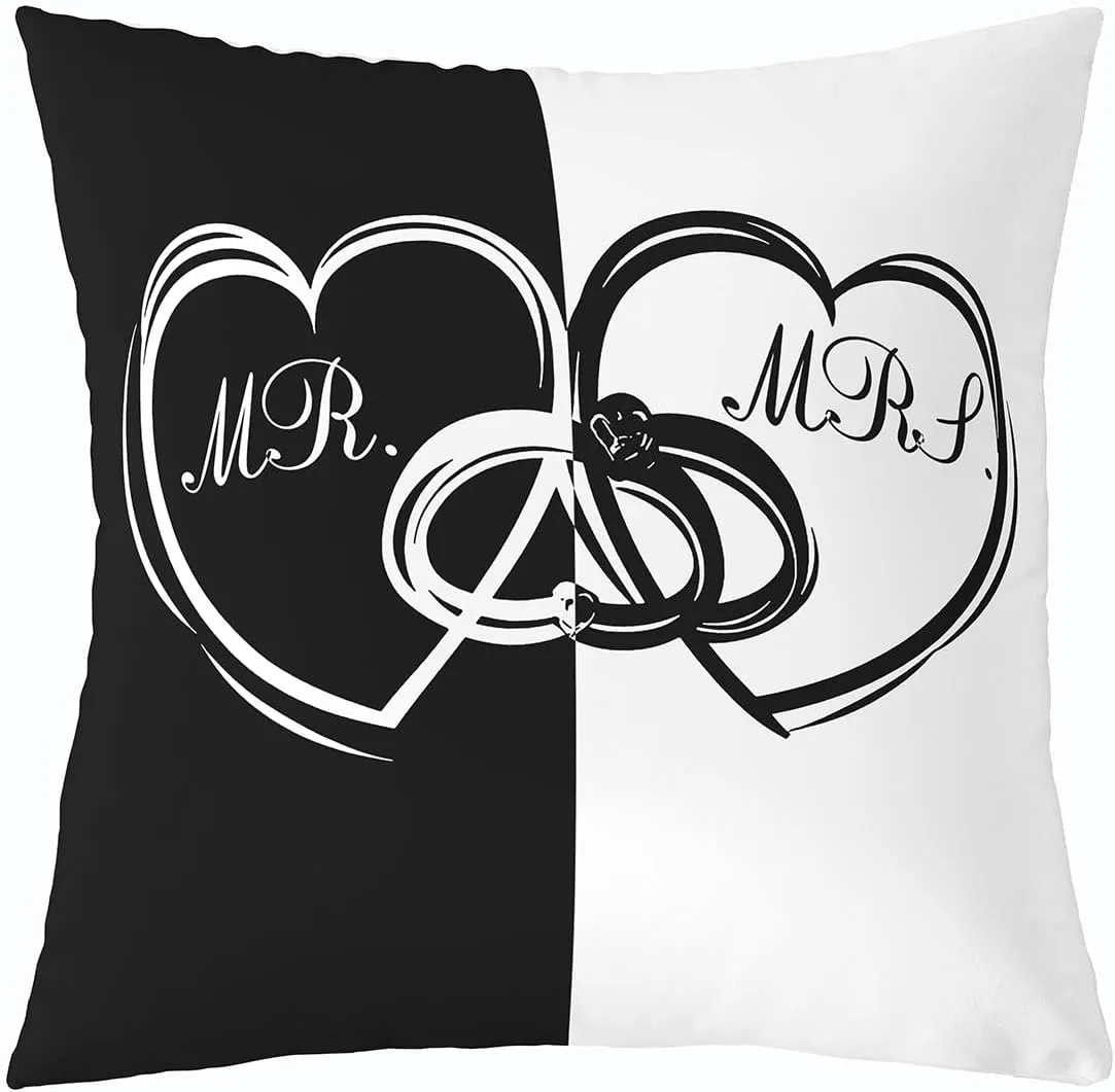 Erosebridal Valentine's Day Set of 4 Throw Pillow Covers 16x16 Inch, Black White Symmetry Pillow Covers, Heart Pattern Rings Cushion Covers, Romantic Interlocking Decorative Pillow Covers